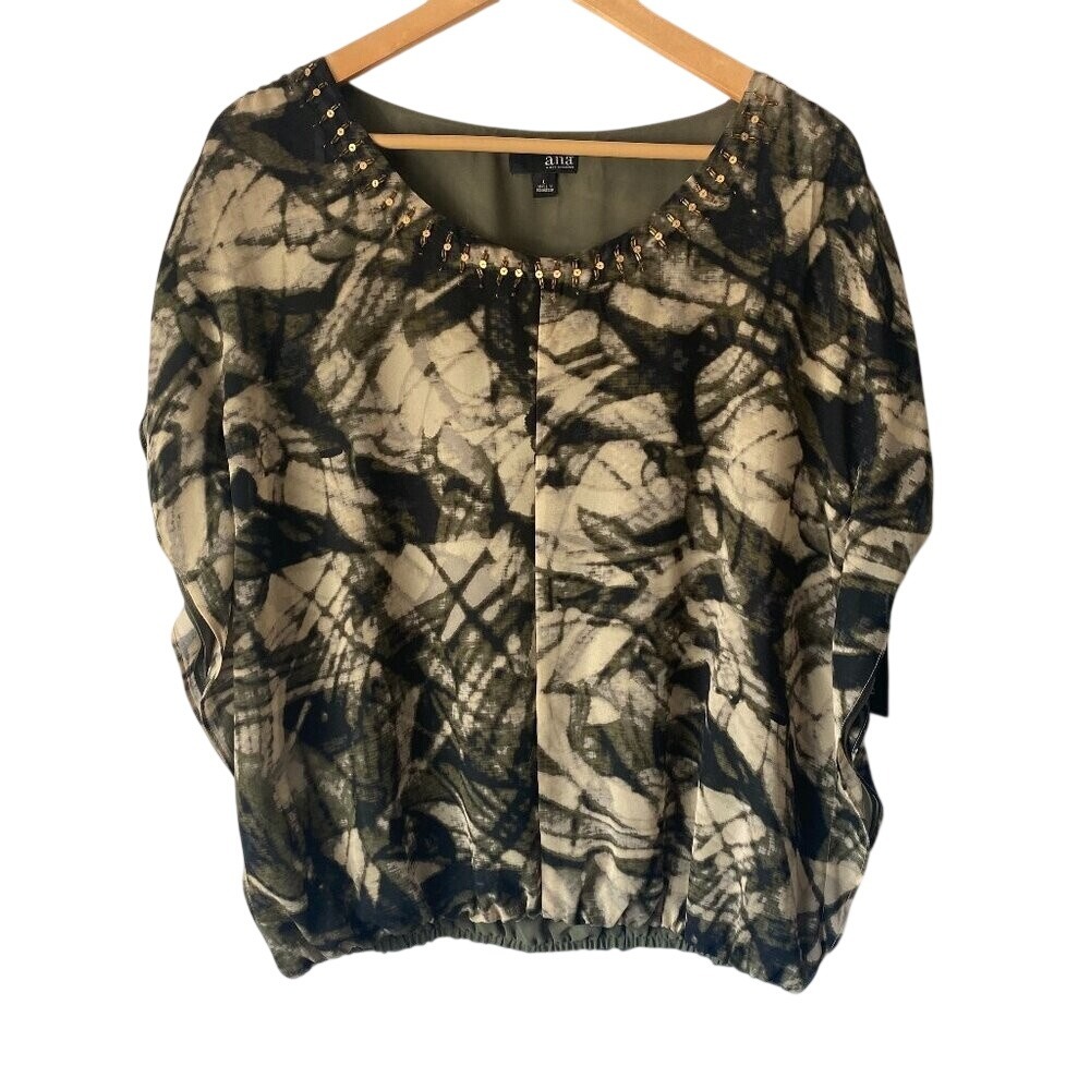 NWT ANA Green Tan Black Short Sleeved Scooped Embellished Neck Blouse Size Large